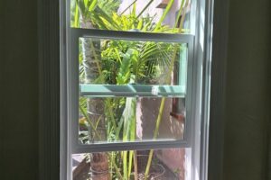 Energy efficient vinyl window installed in a San Diego home with palm tree view